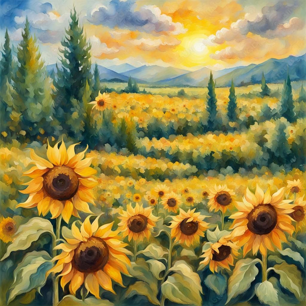 Sunflower Meadow in Gouache Watercolor Style