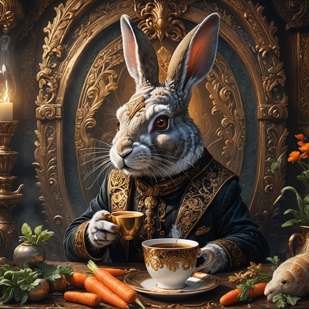 Elegant Rabbit Sipping Coffee: 3D Fantasy Art