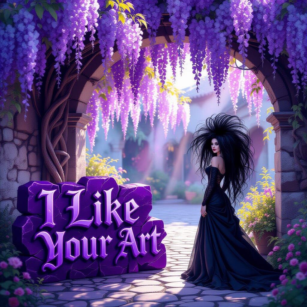 Gothic Bride in Wisteria Courtyard with Neon Text