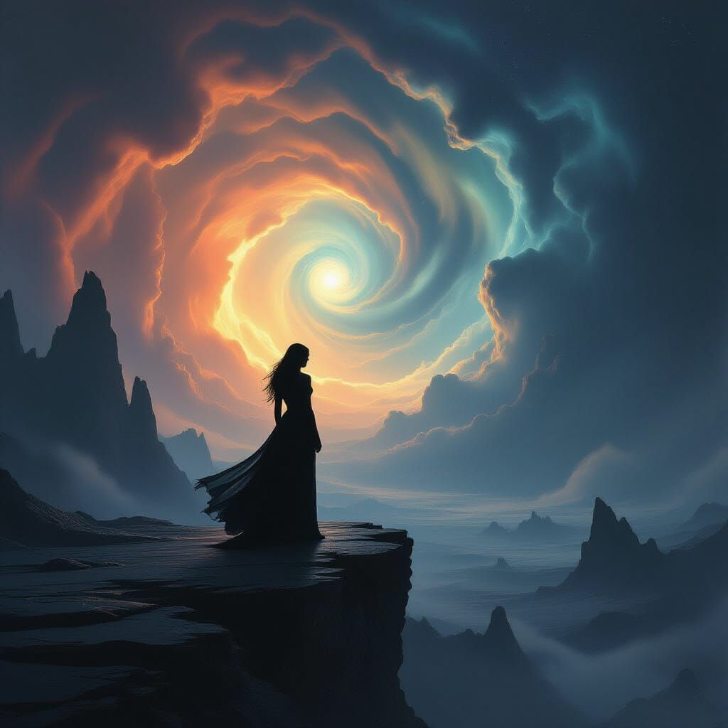 Woman on Precipice Overlooking Swirling Nebula in Dark Fanta...