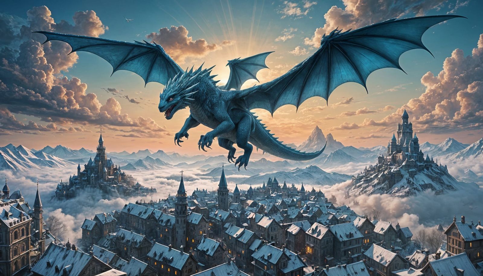 Ice Dragon Over Enchanted Hindi Town at Dawn
