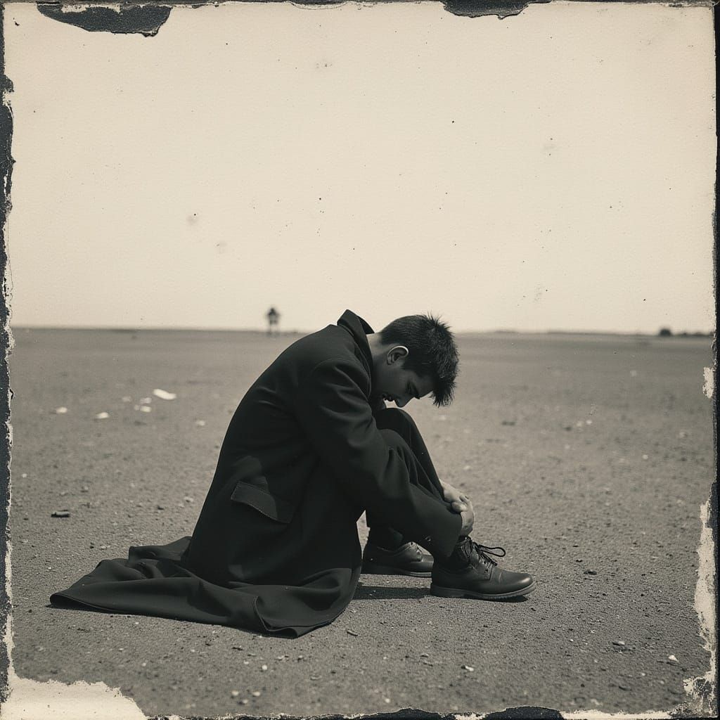 Man in Black Sits in Empty Landscape, Vintage Photo Style