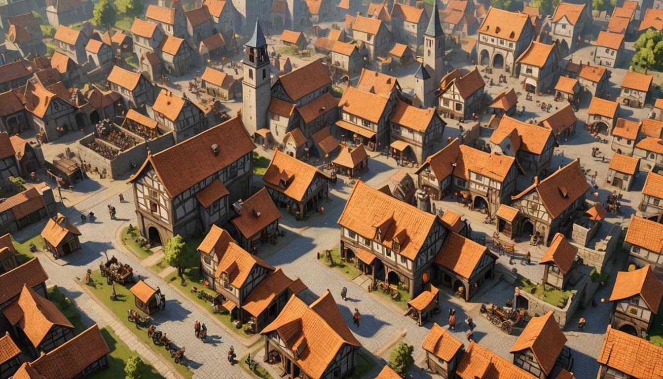 Bustling Medieval Village in RTS Game Style
