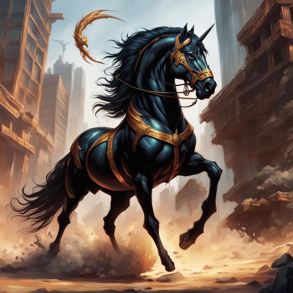 A fierce a muscular black stallion grows angry and ready for battle armor. Also, this stallion is a unicorn with a scorp...