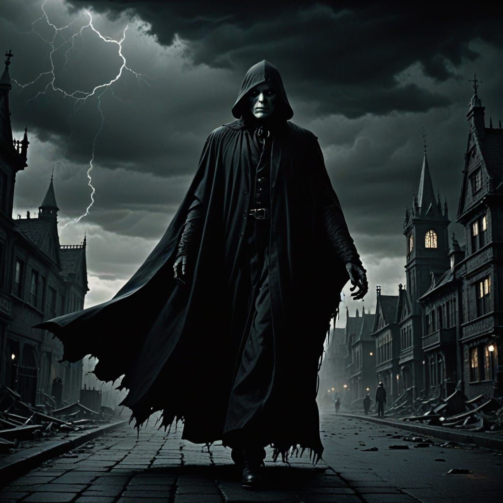 Death Embracing Shadows in a Gothic Landscape