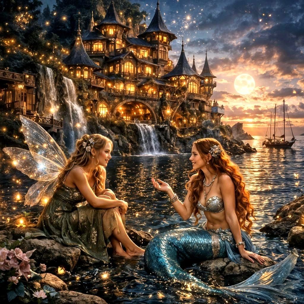 Fairy and Mermaid Chatting at Coastal Fantasy Hotel