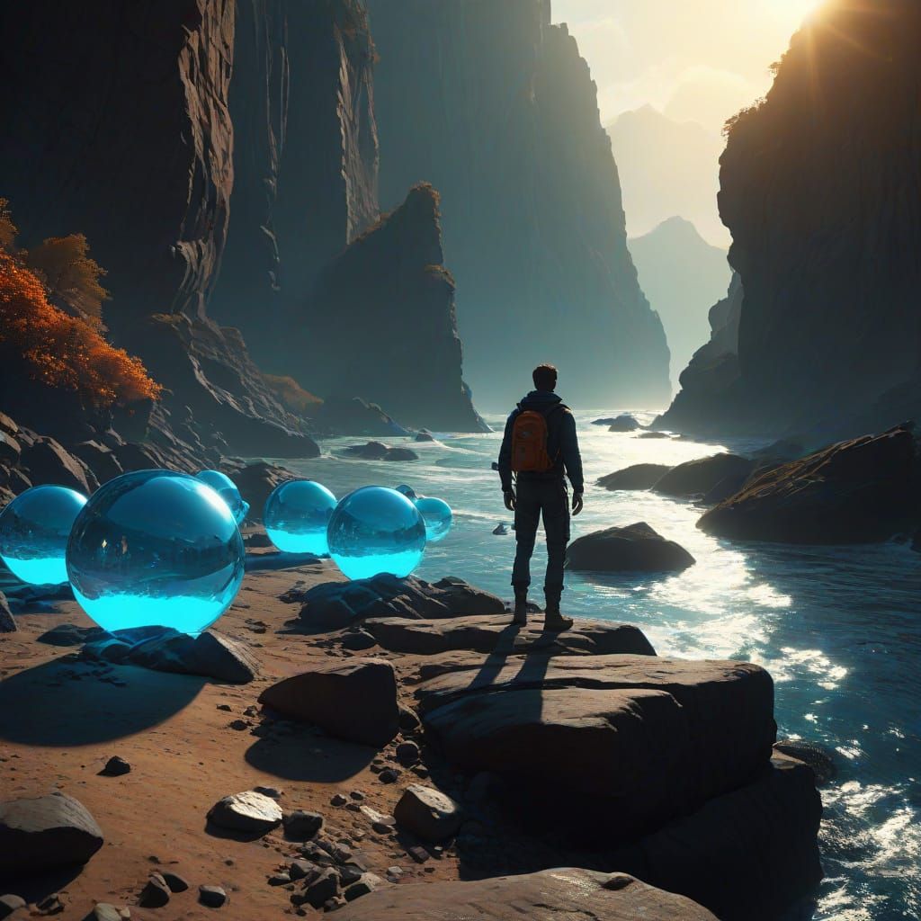 Cliffside Observer: Sci-Fi Spheres in Pixar Style