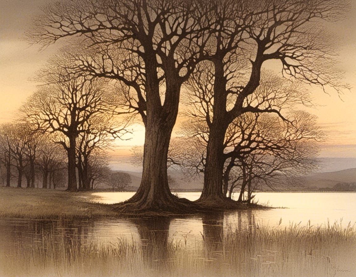 Lake Landscape with Ancient Oak Trees at Dusk