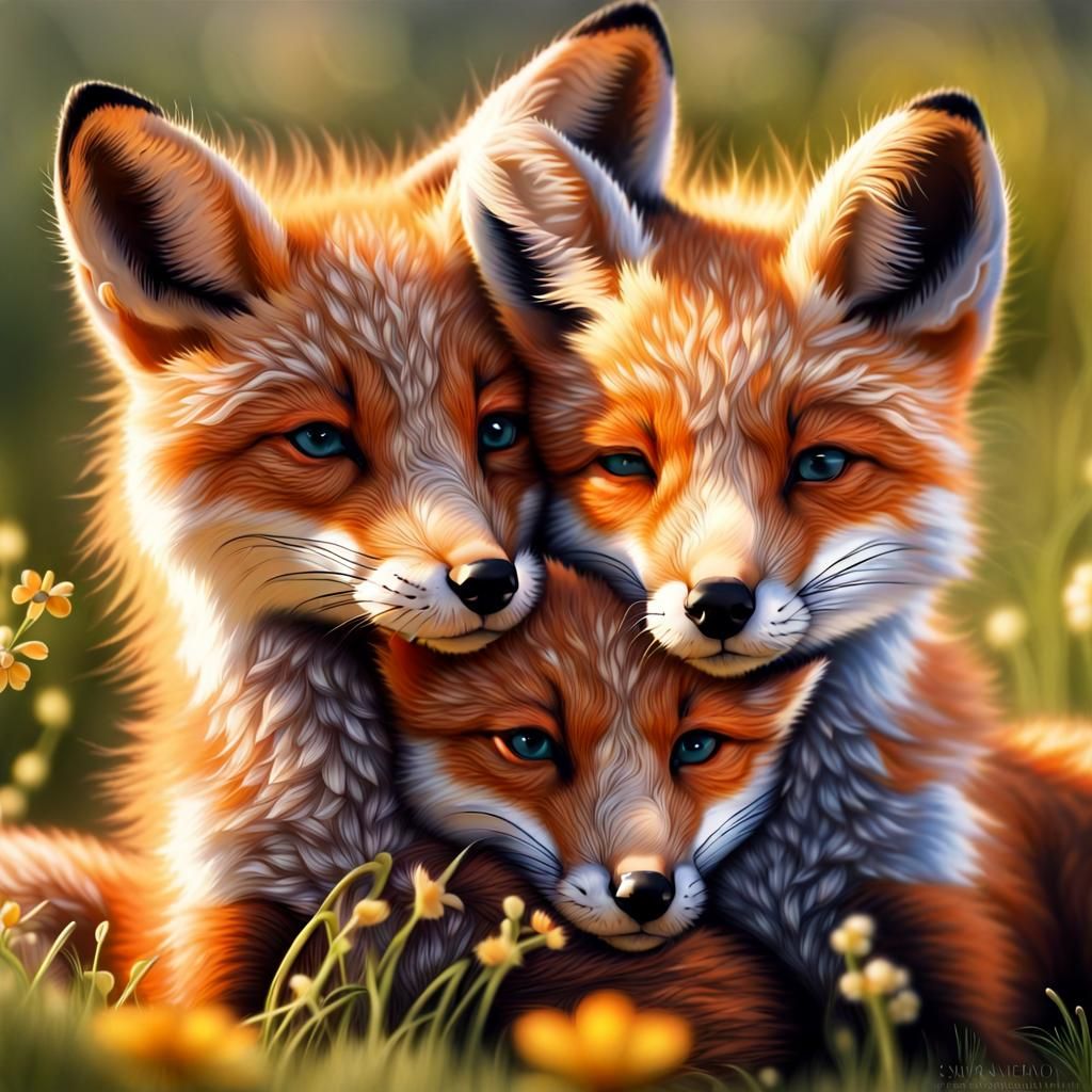 Cuddling Fox Kits in a Sunny Meadow