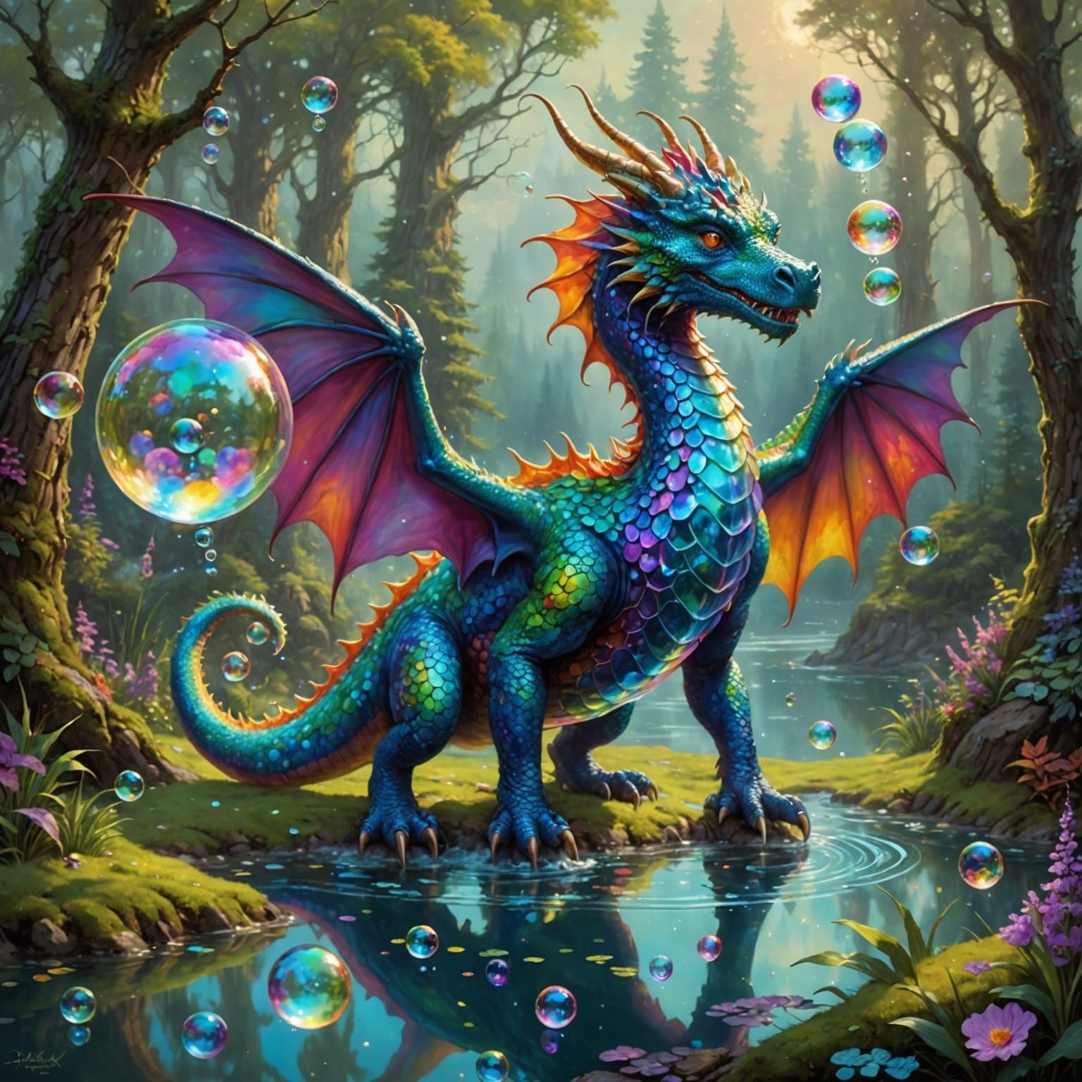 Ethereal Soap Bubble Dragon in Lush Forest