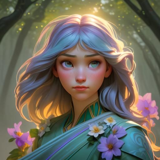 Dreamy Girl in Ethereal Forest, Art Nouveau Style