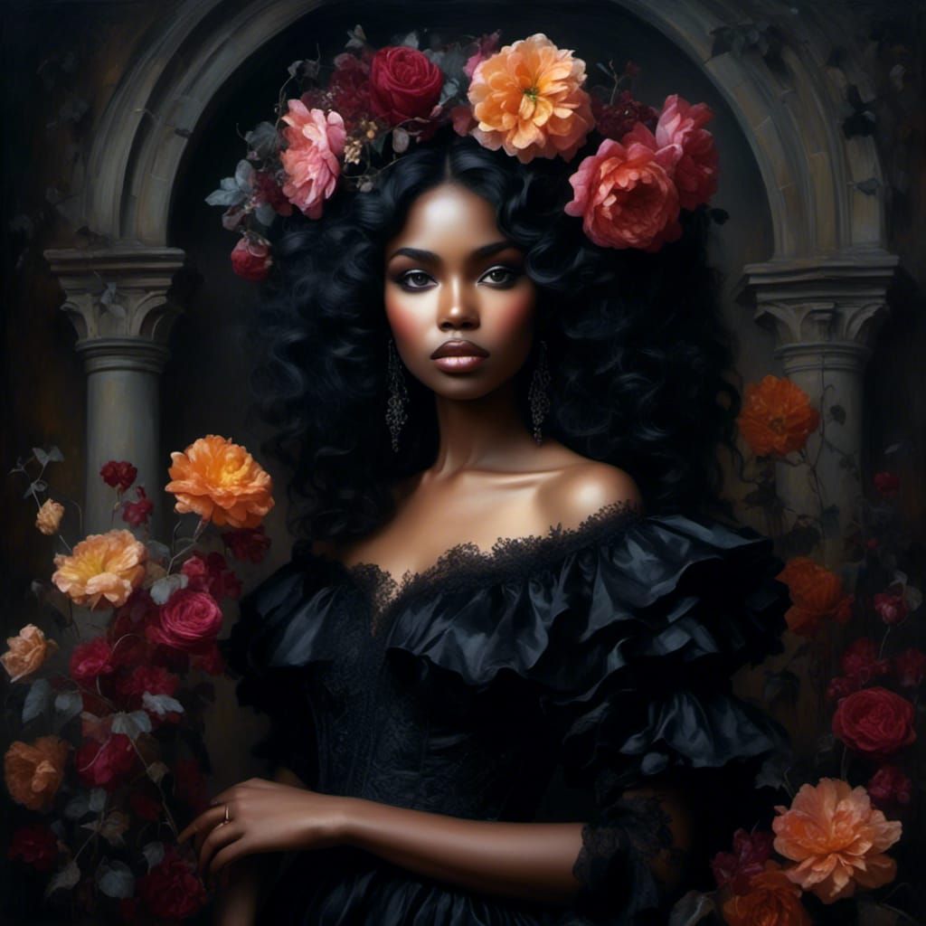 Gothic Garden: Black Woman Portrait with Flower Crown