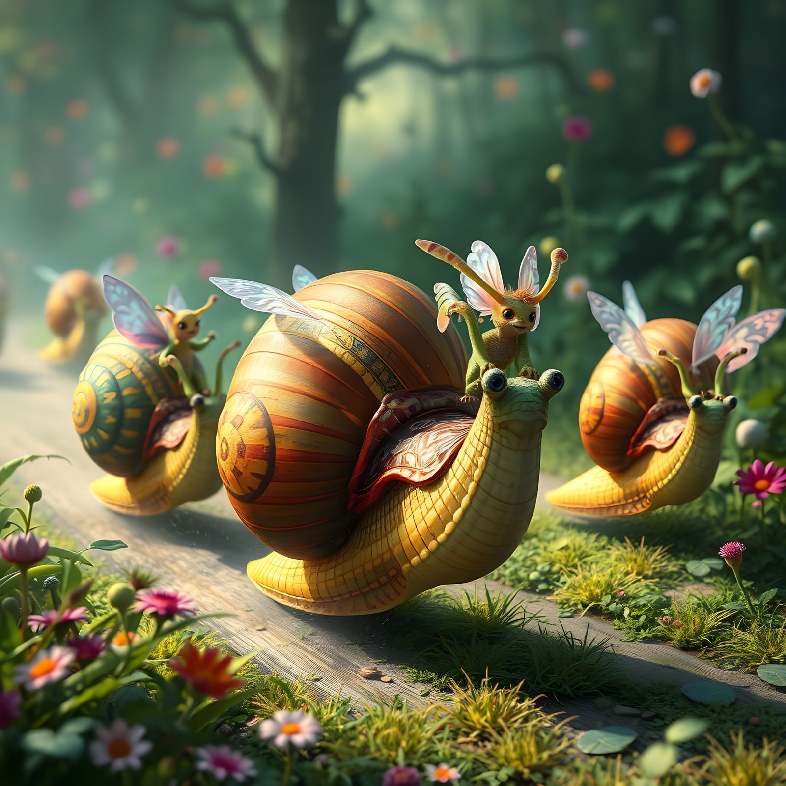Giant Snails in Whimsical Garden Race