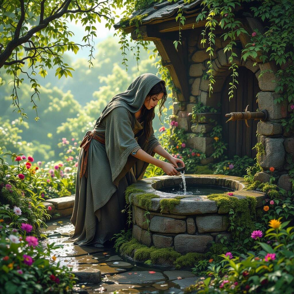 Woman Draws Water From Ancient Well, Matte Painting