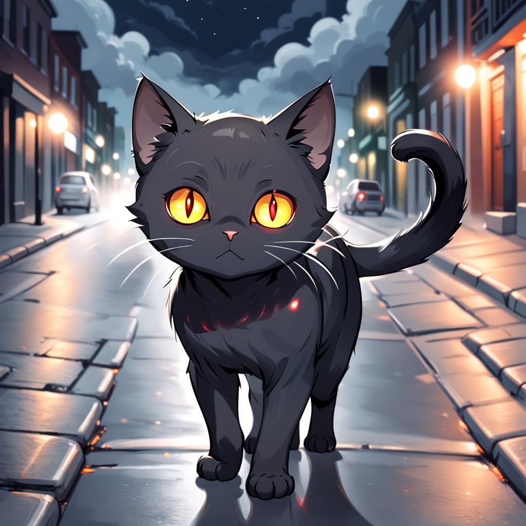 Small Black Cat Wandering City Streets at Night