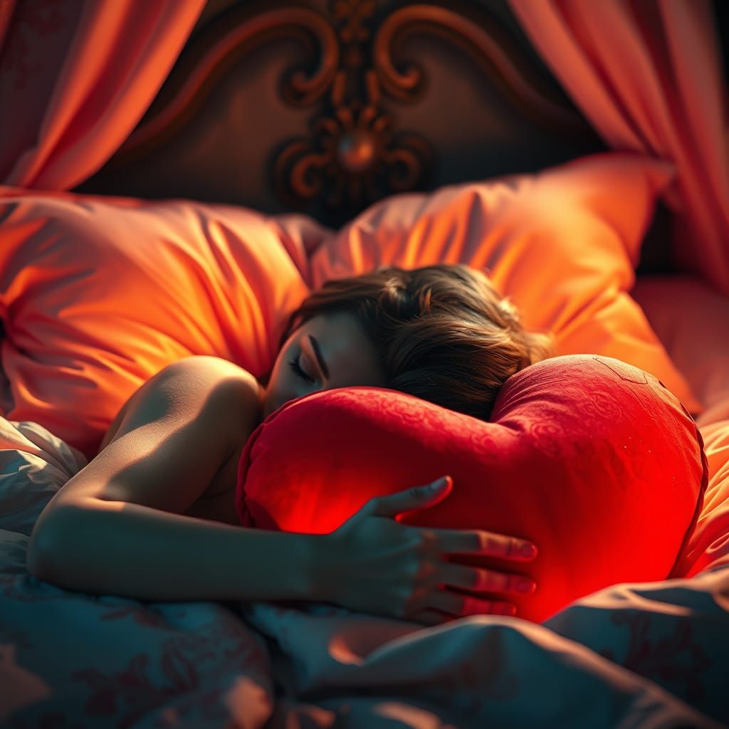 Sad Woman Embracing Heart-Shaped Pillow