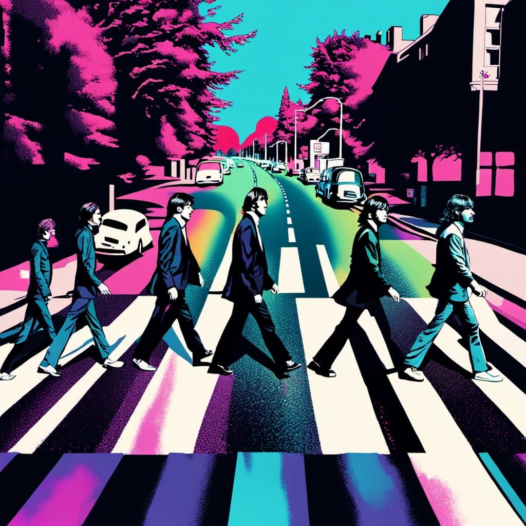 Beatles Cross Abbey Road in Synthwave Glitchcore Style