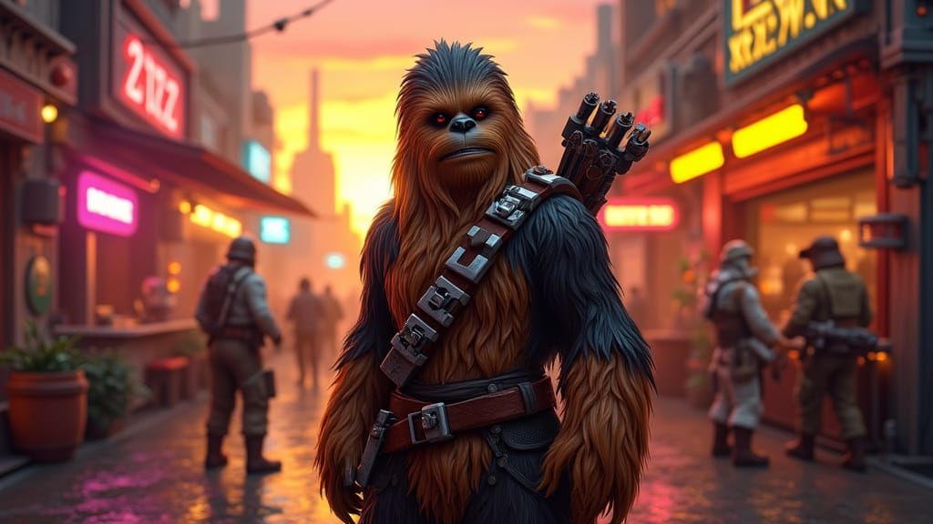 Rugged Wookiee Smuggler in Hyperrealistic Cantina Scene