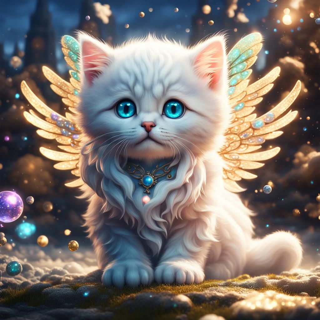 Adorable Angel Kitten in Heaven, Digital Art