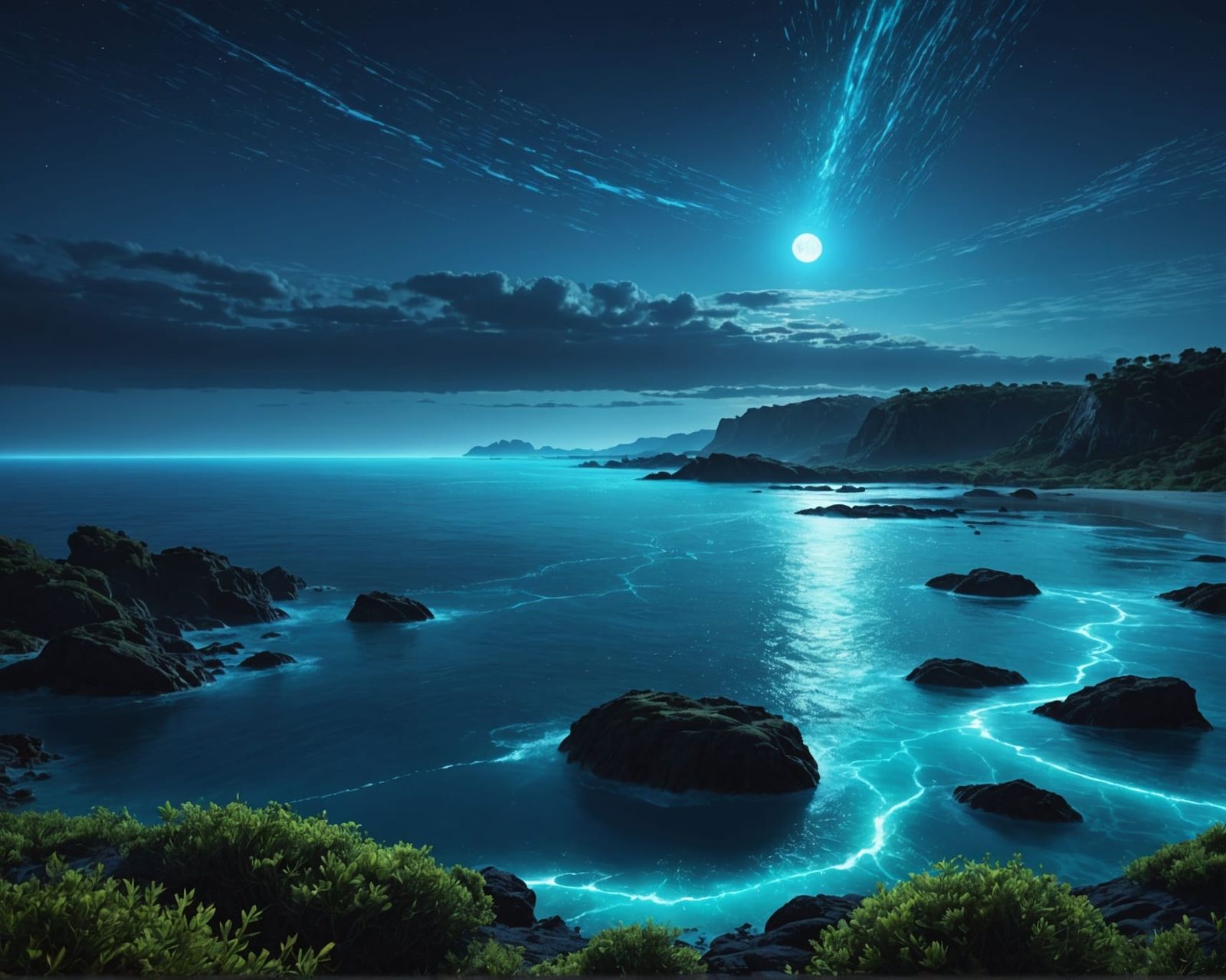 Bioluminescent Sea Landscape in Fluorescent Blue