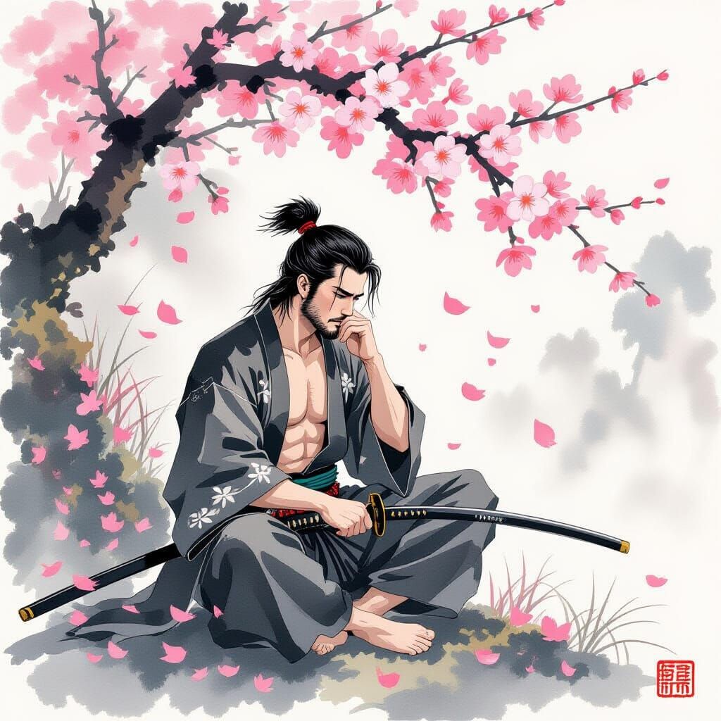 Gay Samurai Embrace Spring in Yamato-e Style