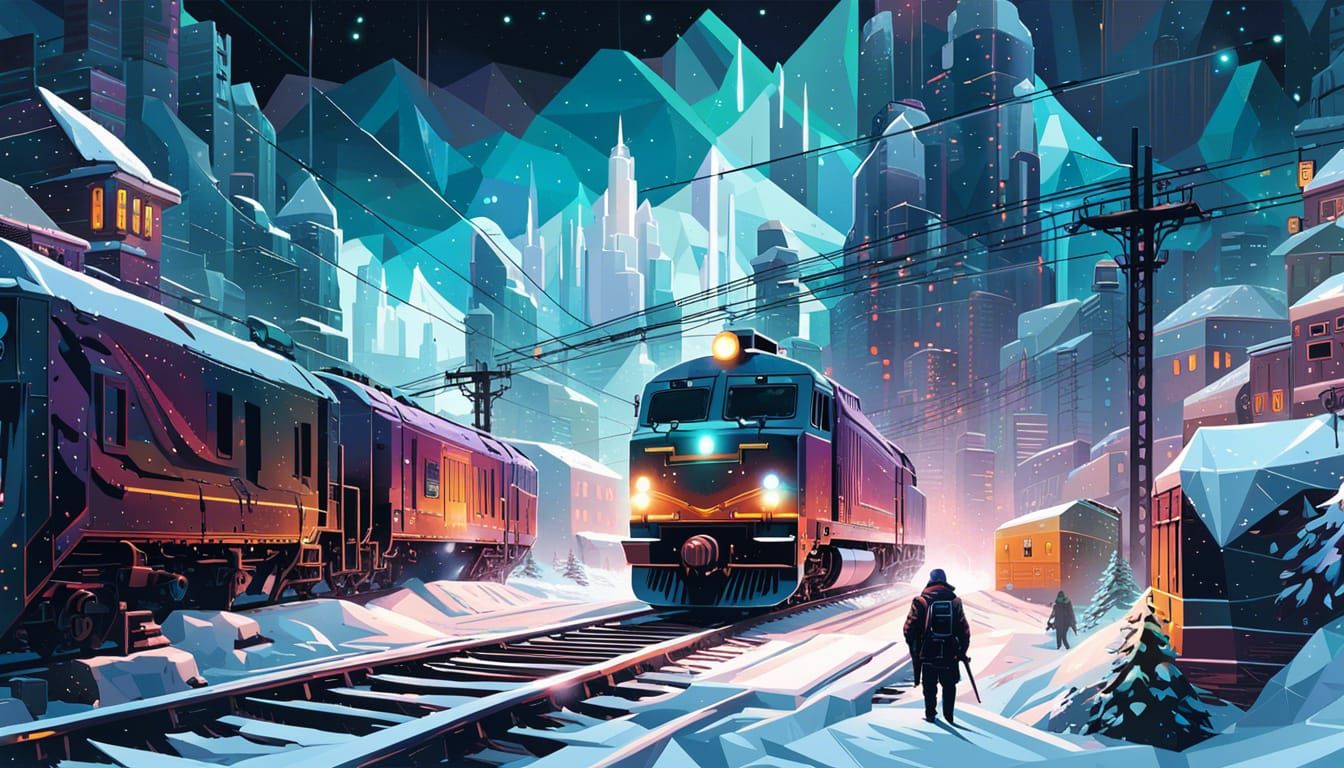Cyberpunk Winter Train in Abstract Polygon Design