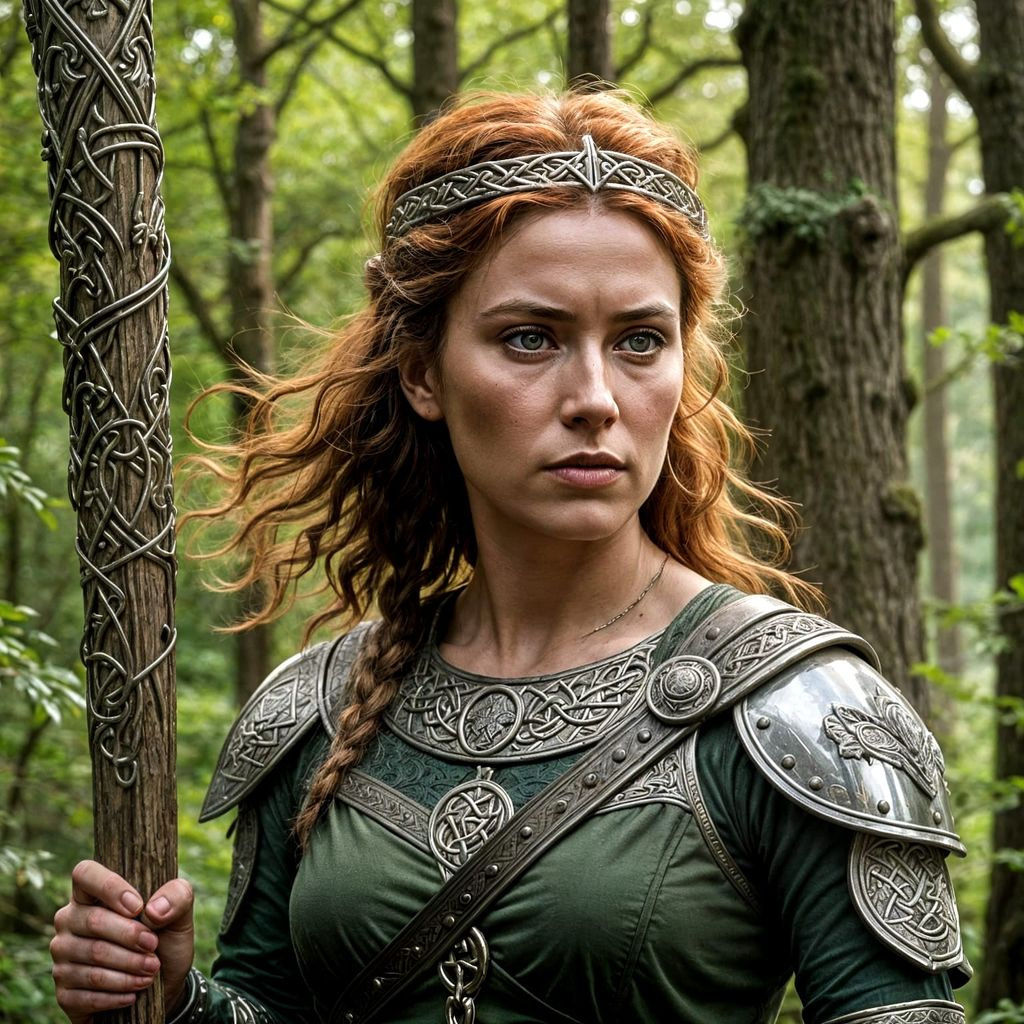 Fiery Celtic Warrior Queen Stands Tall in Ancient Oak Forest