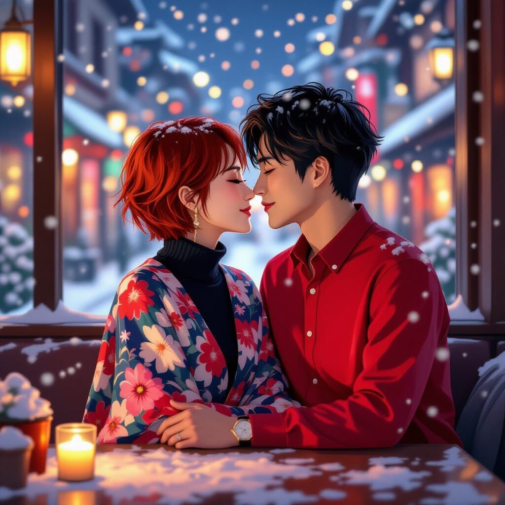 Romantic Kiss in Snowy Restaurant, Anime Style