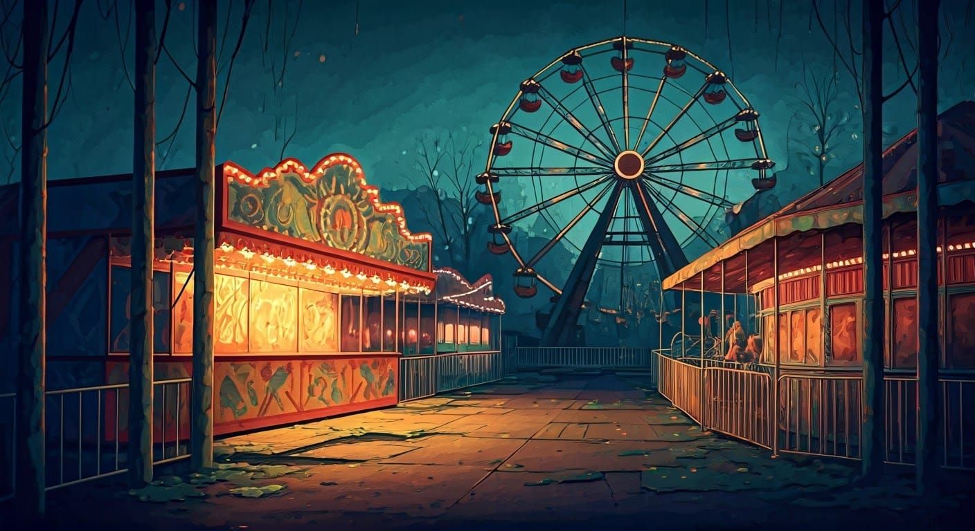 Eerie Abandoned Carnival at Dusk: Watercolor Painting