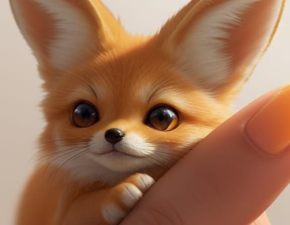 Tiny Fennec Fox on Giant Finger in Digital Art