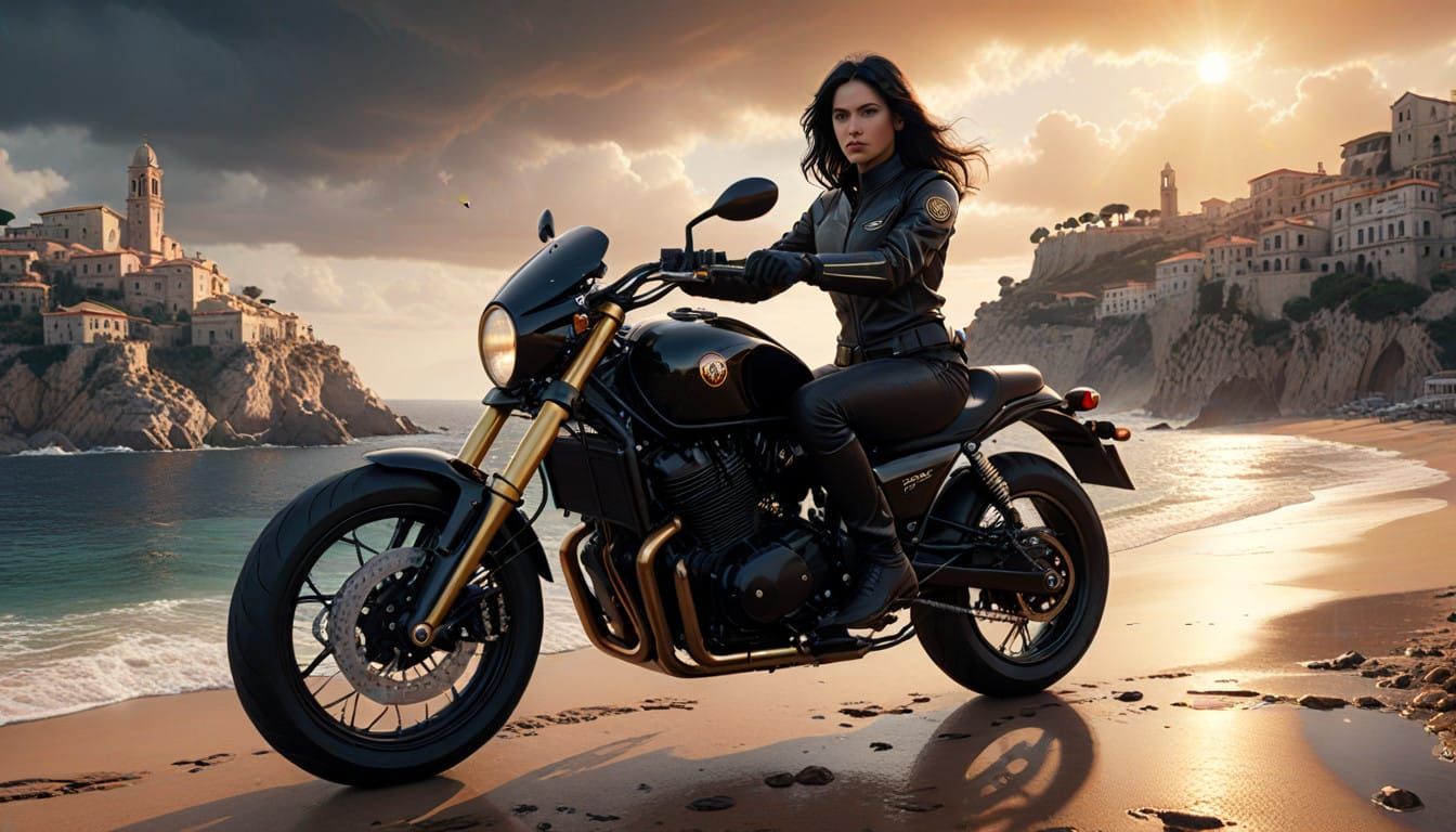Sleek Woman Rides Custom Motorbike Along Riviera Coastline