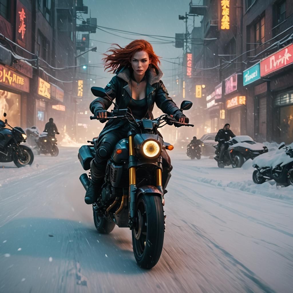 Redhead on Motorcycle in Snowy Cyberpunk Scene