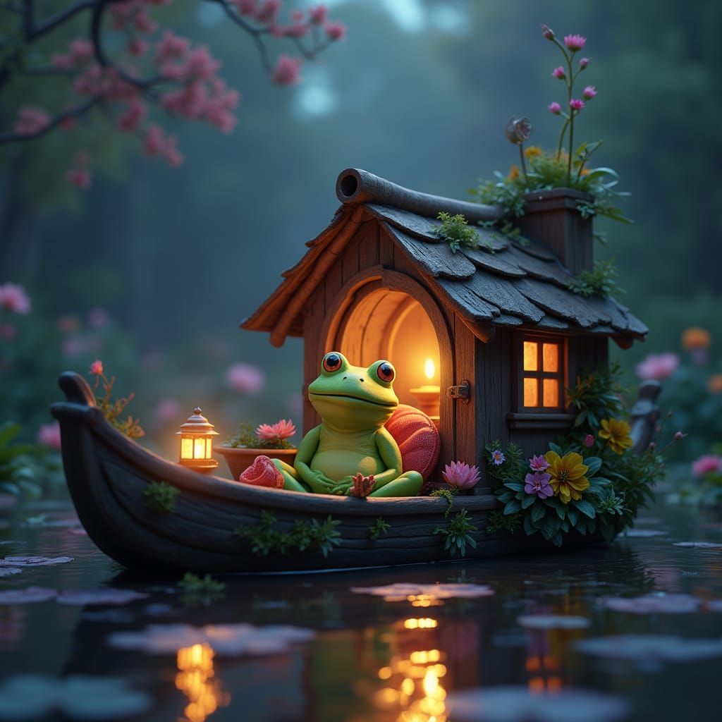 Pixar-Style Frog Enjoys Cozy Houseboat on Serene Spring Even...