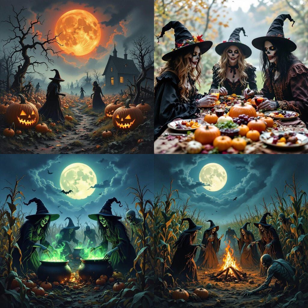 Spooky Halloween Feast With Witches and Zombies