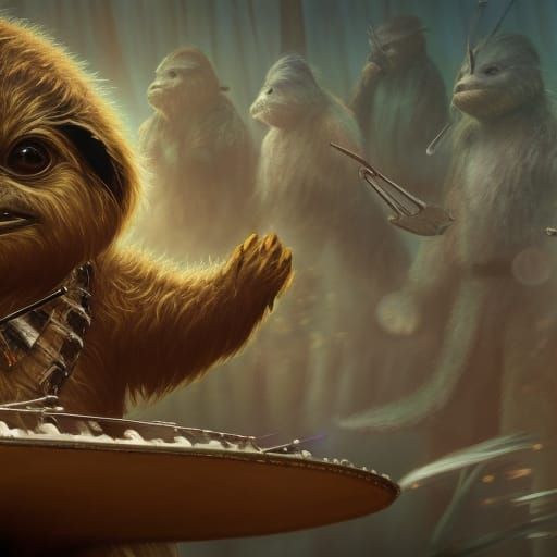 Ewok Plays Drums Made of Alien Heads