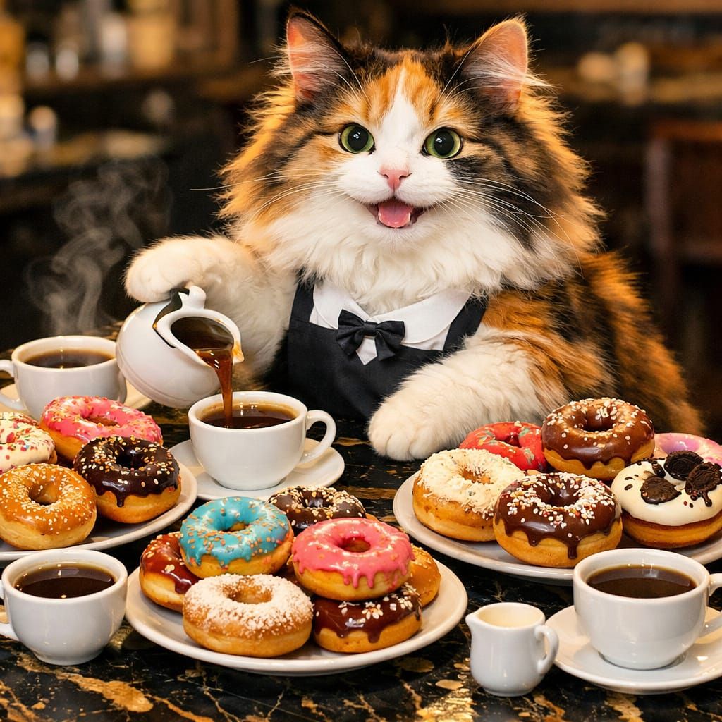Cute Calico Cat Serves Coffee and Donuts