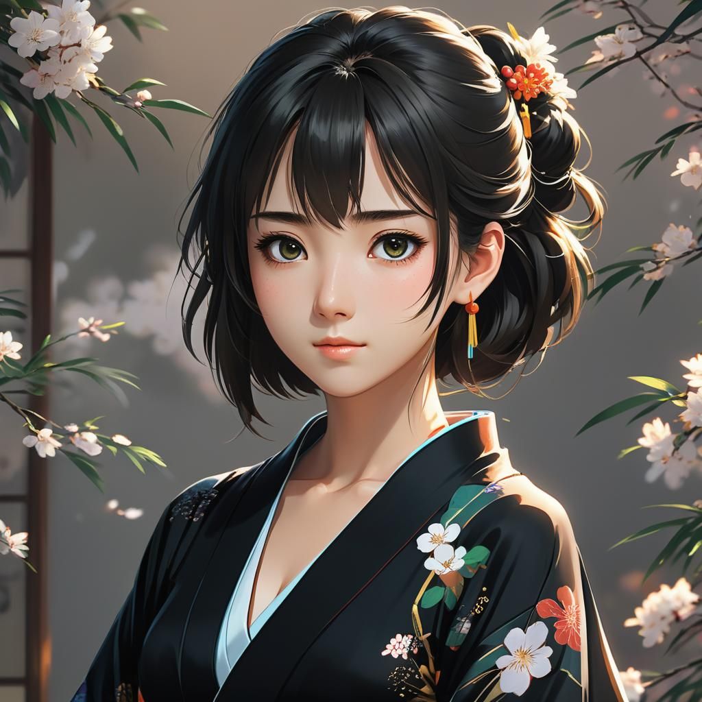 Anime Girl in Kimono: Studio Ghibli Style Portrait