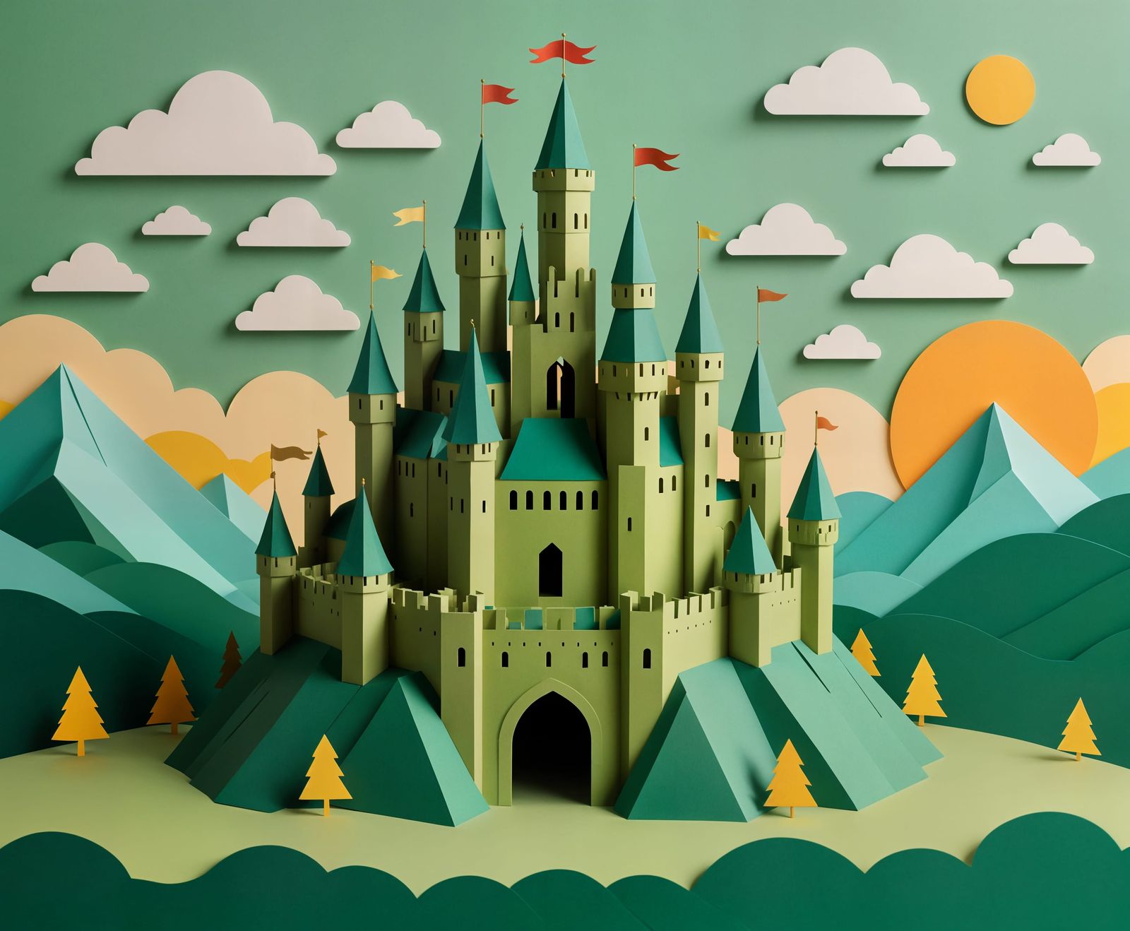 Cardstock Castle Amidst Paper Hills at Golden Hour