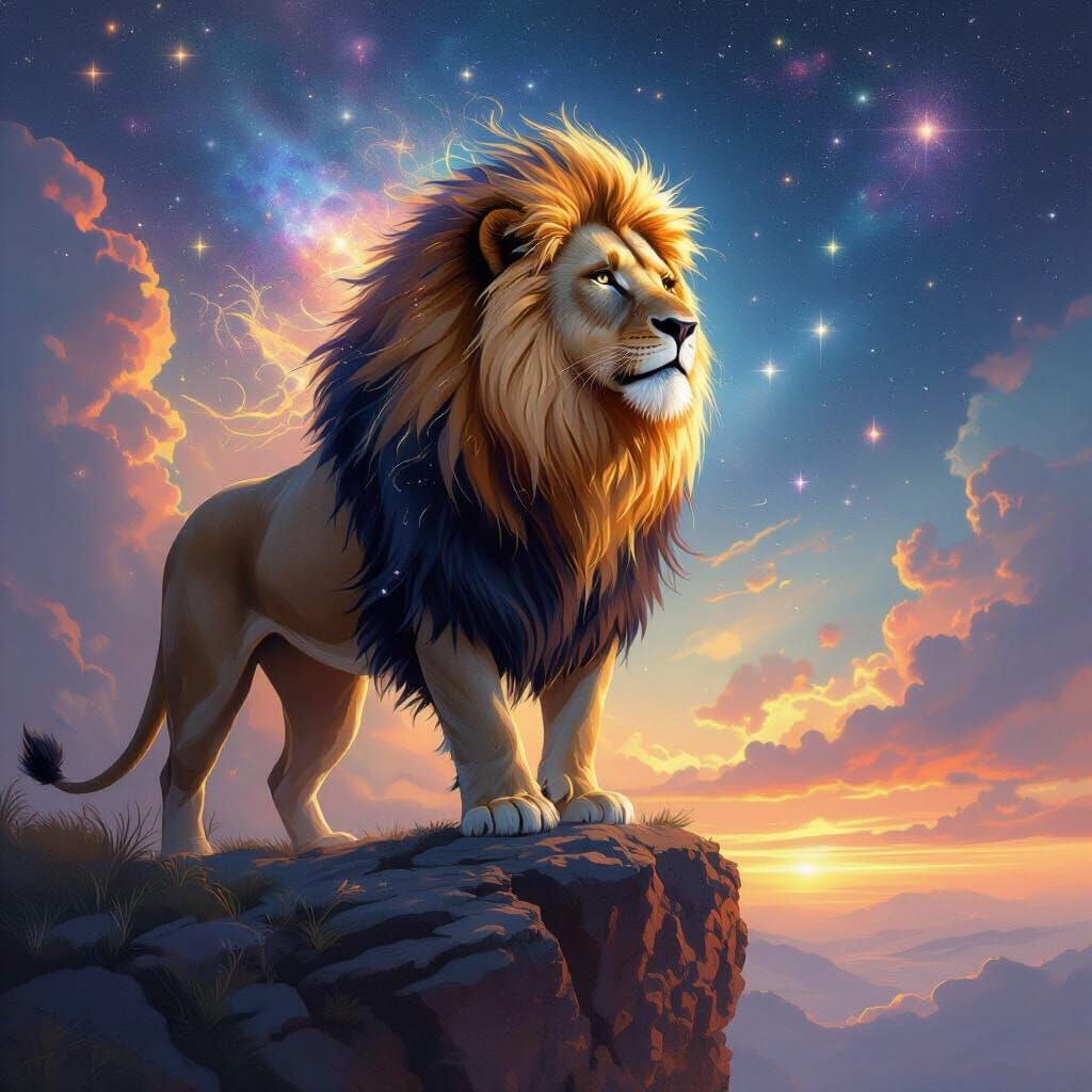Lion with Starry Mane Overlooking Nebula in Art Nouveau Styl...