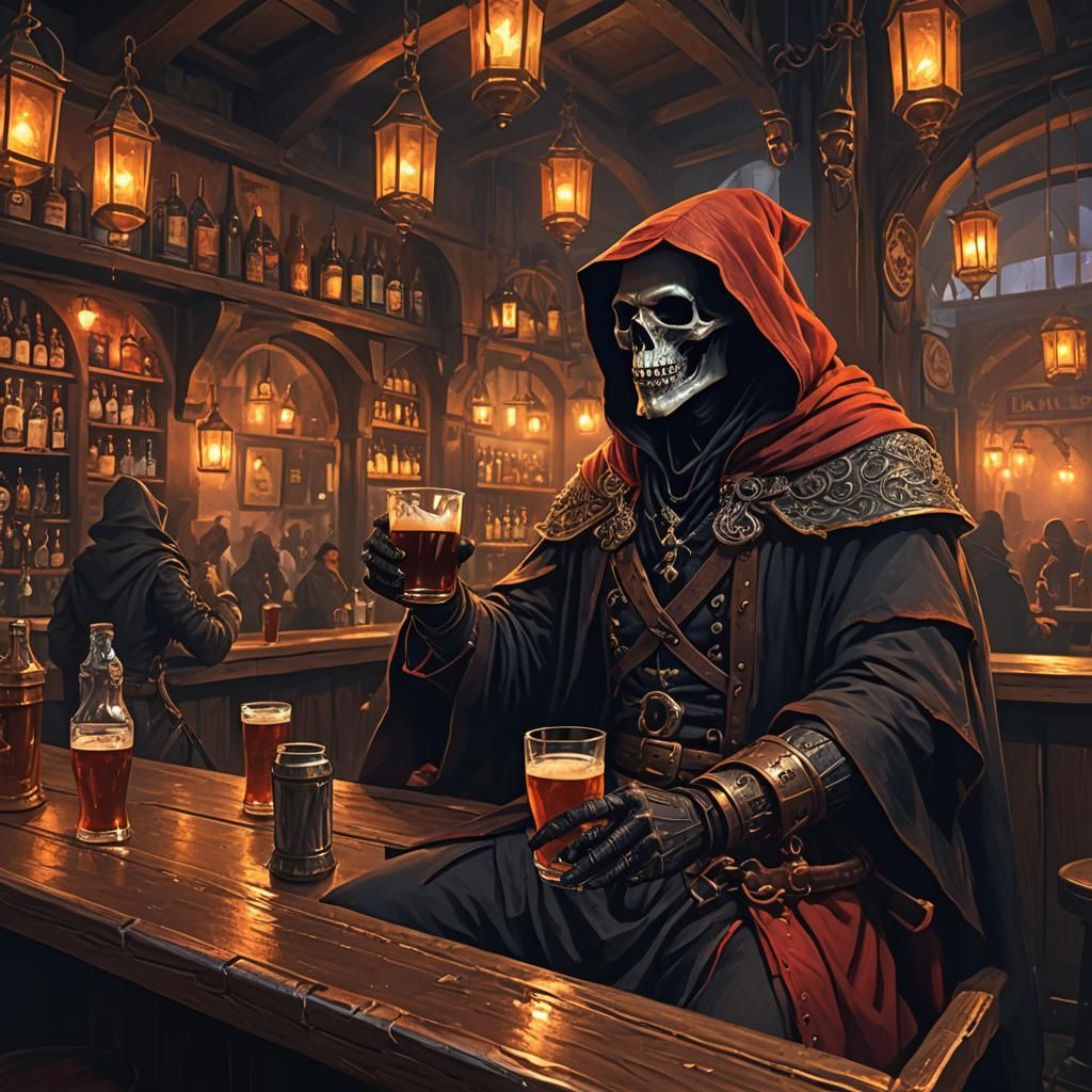 Adventurer and Grim Reaper in Medieval Tavern