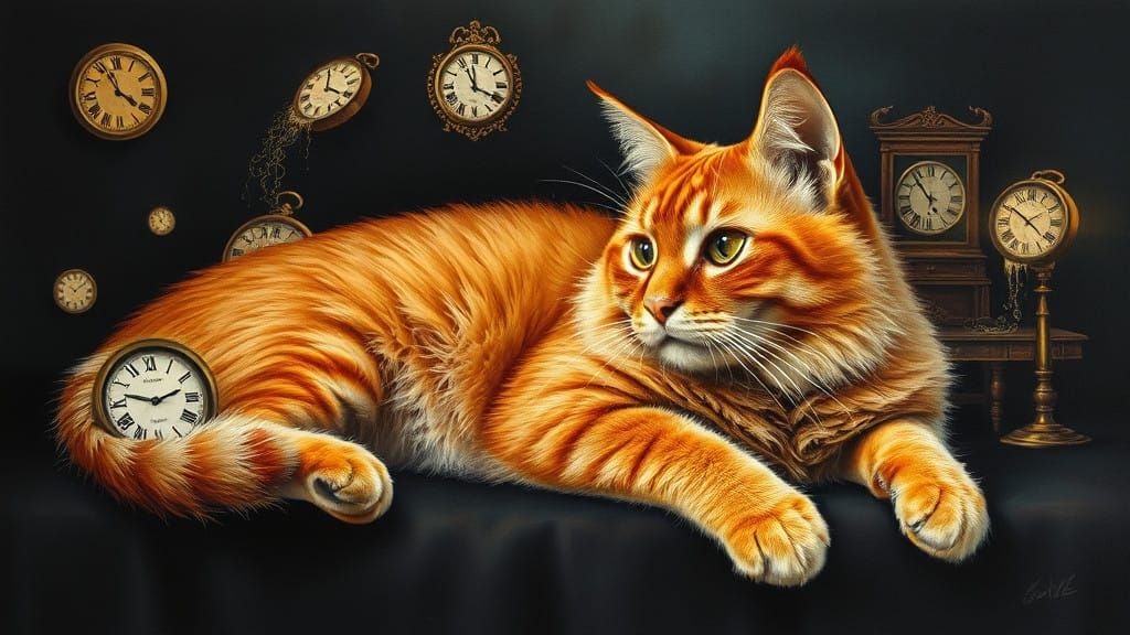 Vibrant Orange Cat Reclines in Surreal, Dali-Inspired Dreams...
