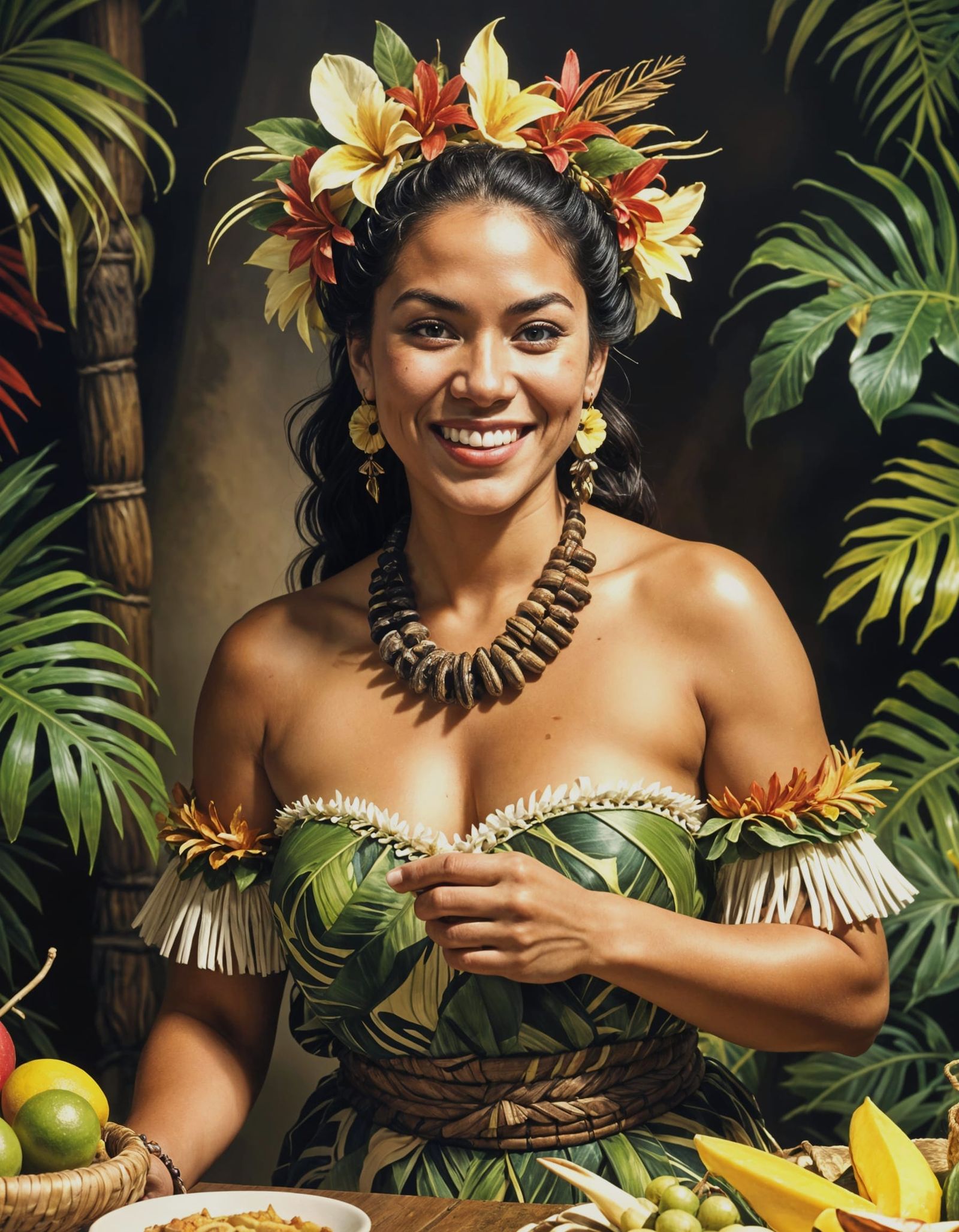 Elegant Polynesian Lady Hosts Luau Feast in a Hawaiian Parad...