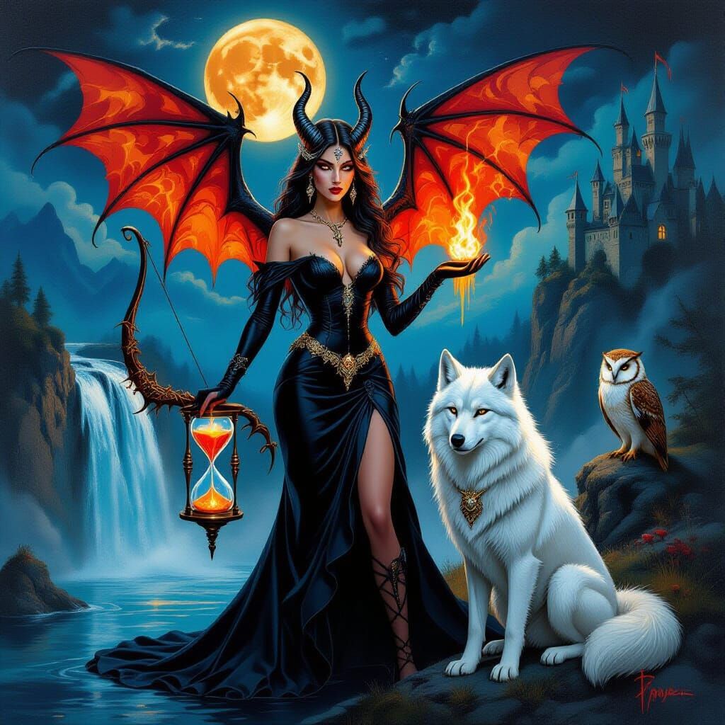 Dark Tiefling Queen with Fiery Wings and Wolf Companion
