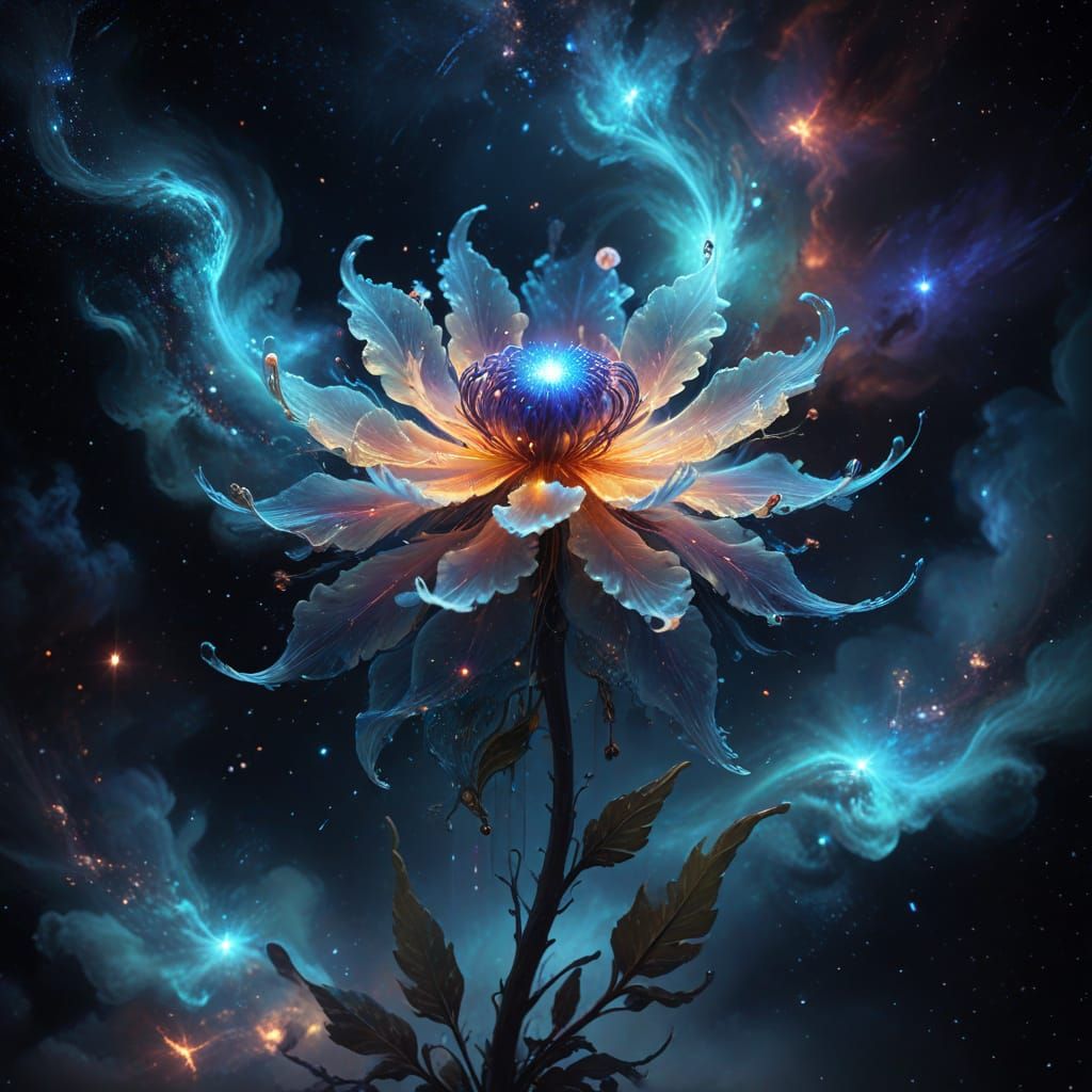 Bioluminescent Flower in Dying Nebula, Ethereal Digital Art