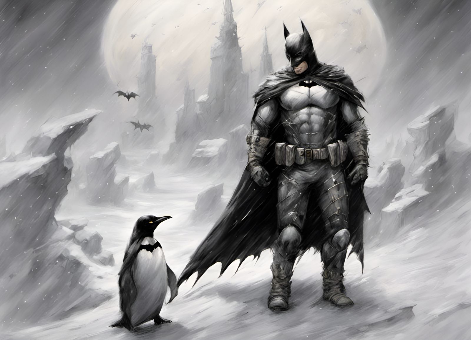Batman and Penguin on North Pole, Luis Royo Style