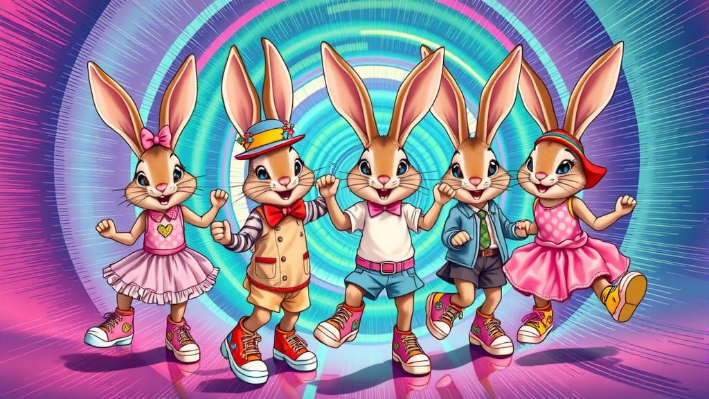 Vibrant Bunnies Dance in a Whimsical Neon Vortex