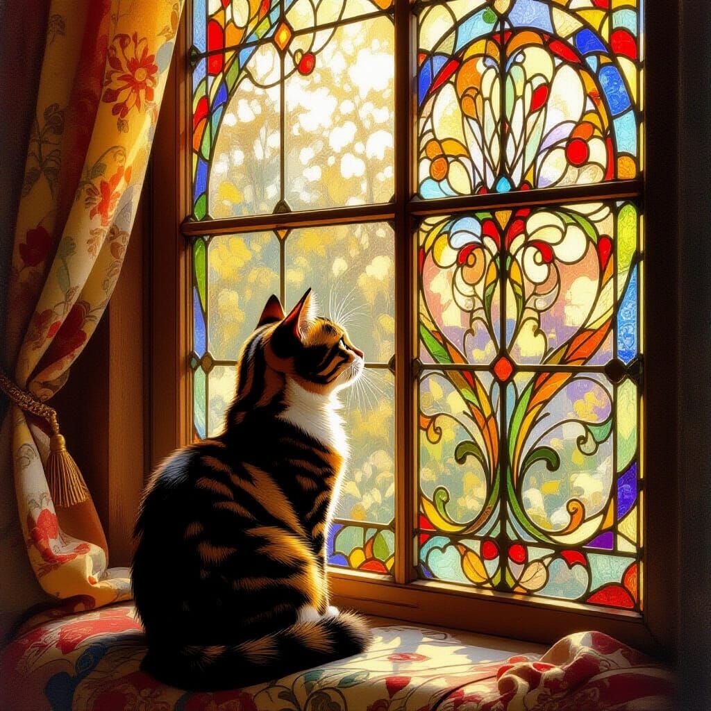Cat Stares Out Mosaic Window in Art Nouveau Style