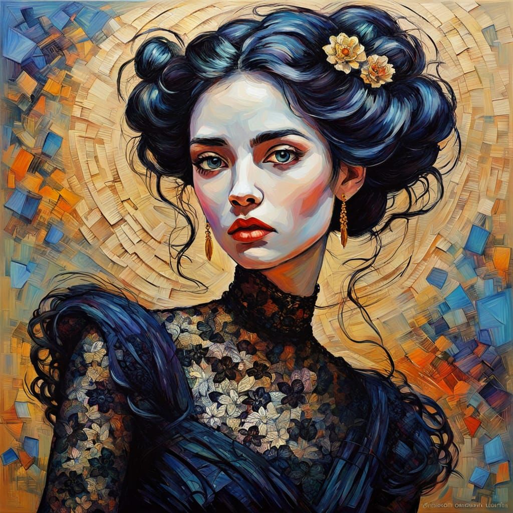 Ethereal Woman with Ornate Hair and Lace Gown