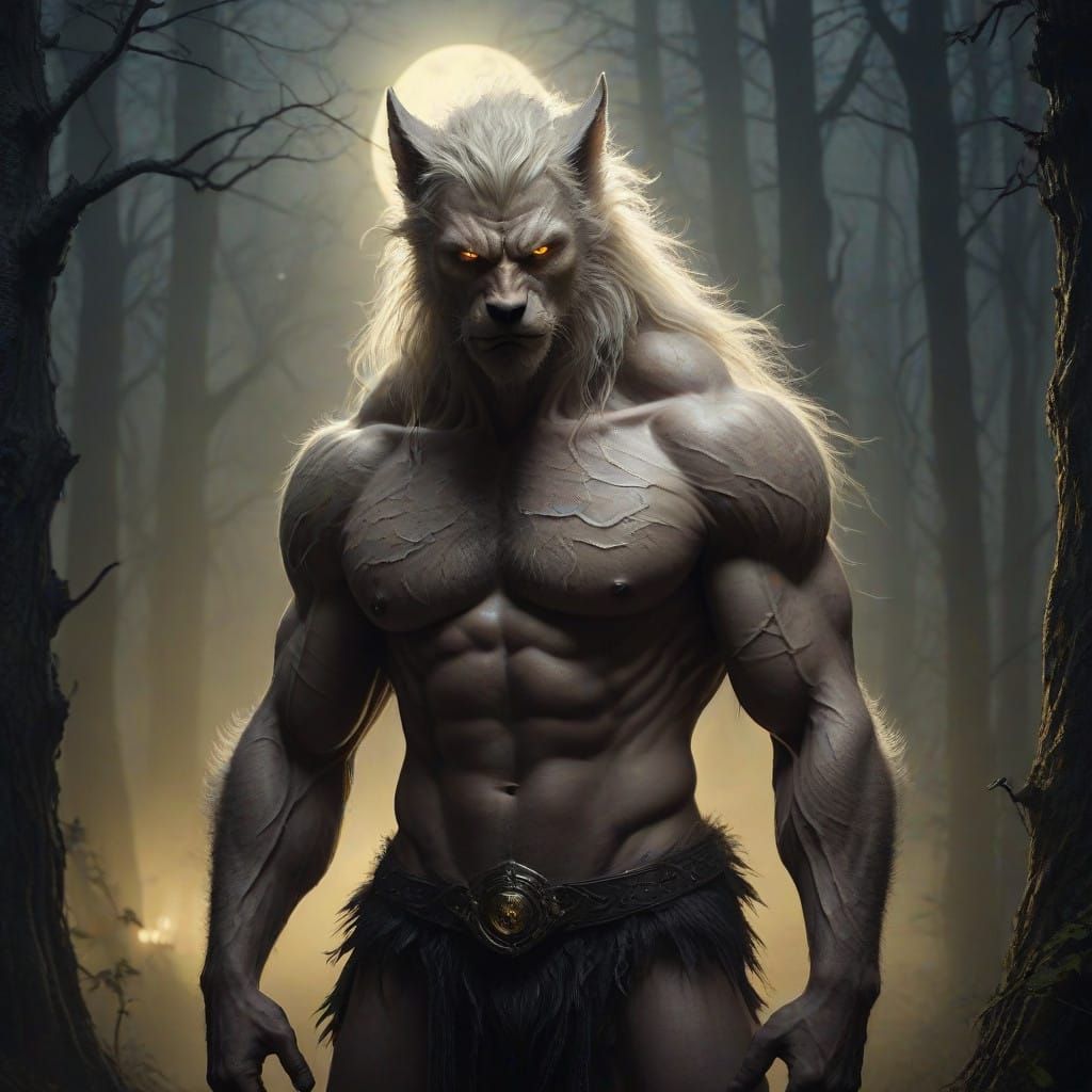 Majestic Blond Werewolf Stands Proud in Moonlit Forest, Dark...