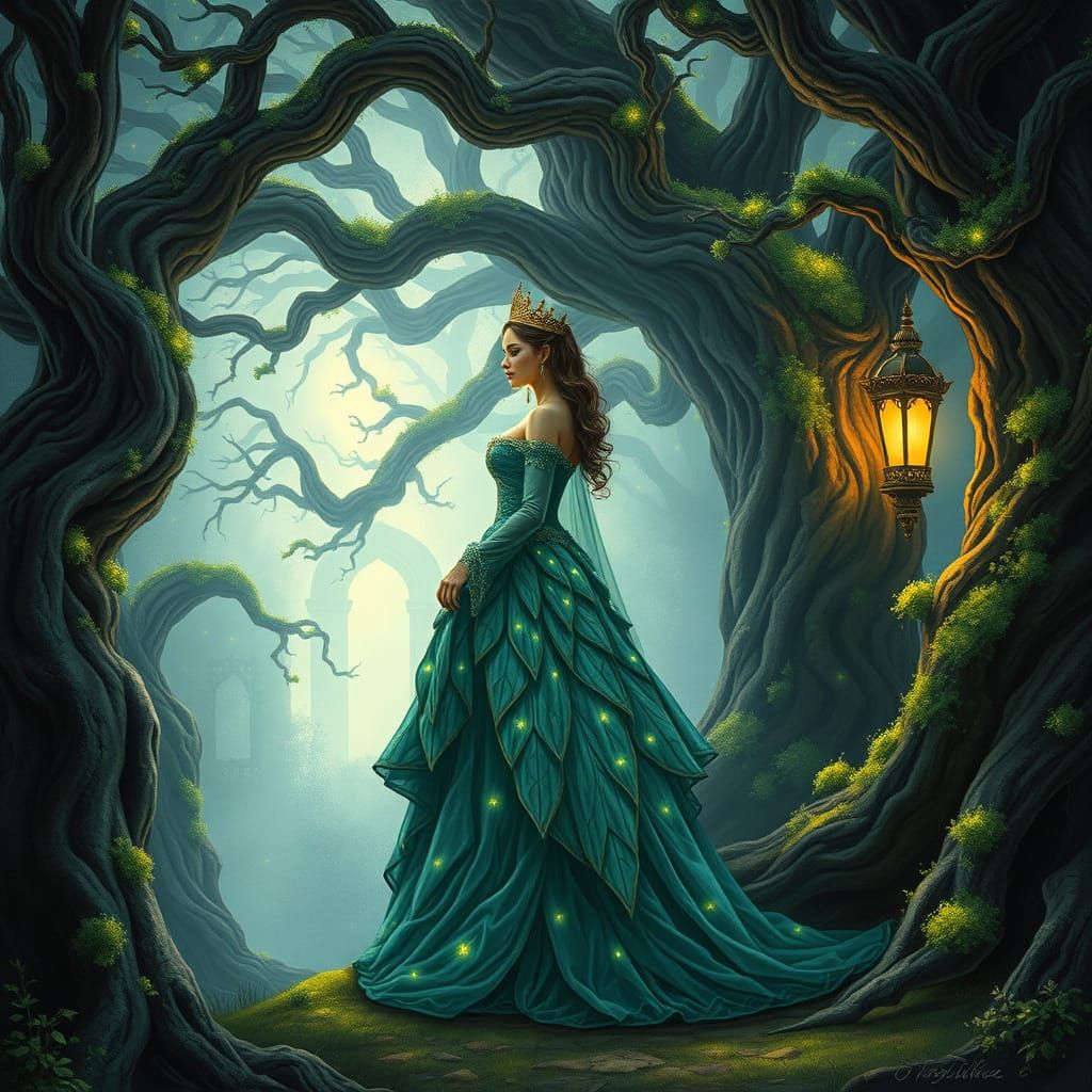Regal Queen in Enchanted Forest with Bioluminescent Flora
